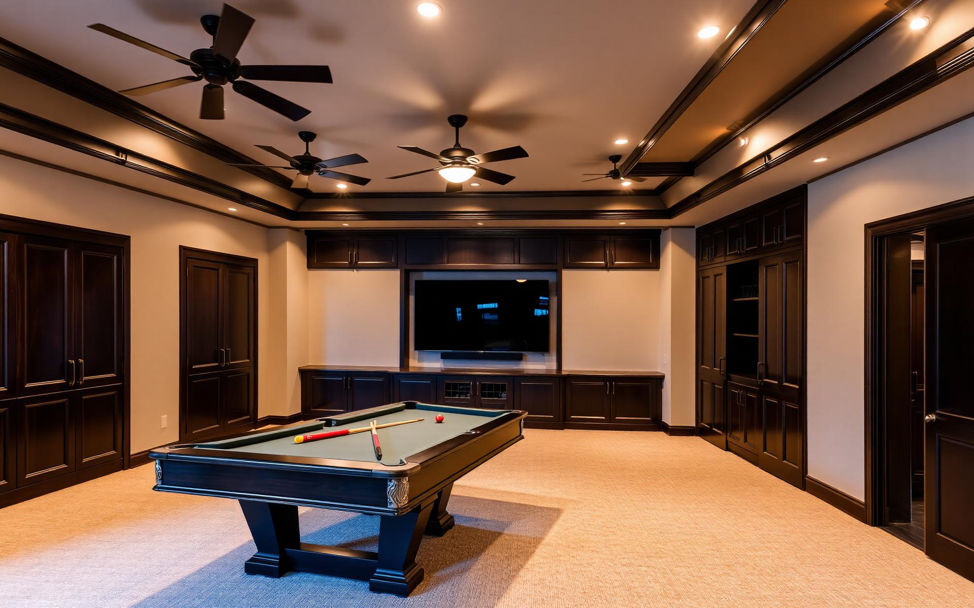 Rec room with pool table and built-in cabinetry
