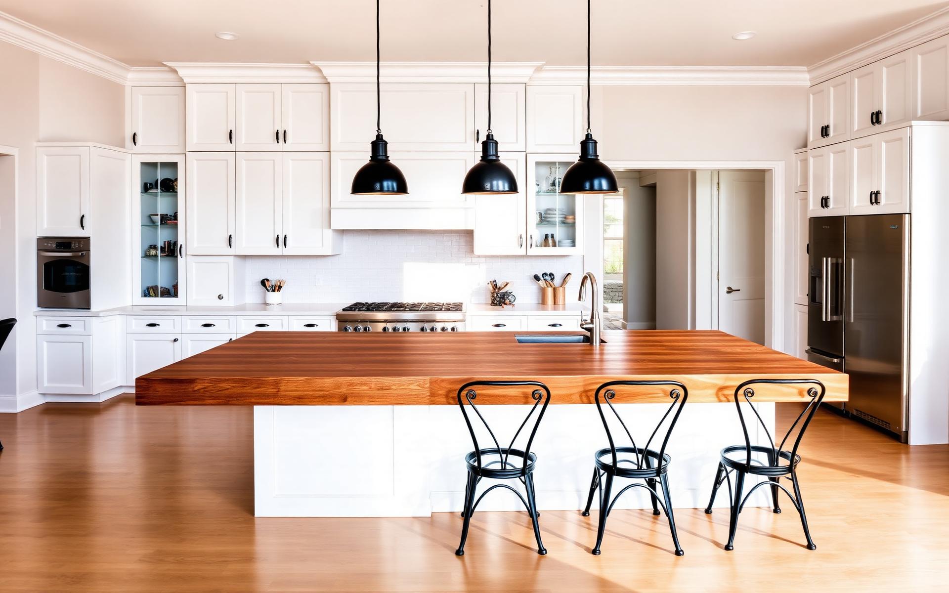 Chef's kitchen with wood-tone island